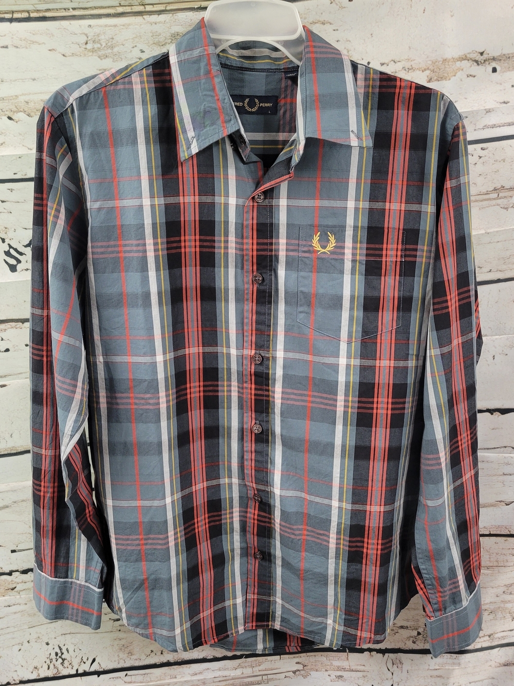 Fred Perry Men’s L Plaid Button Up Shirt Long Sleeve Tartan Preppy Casual